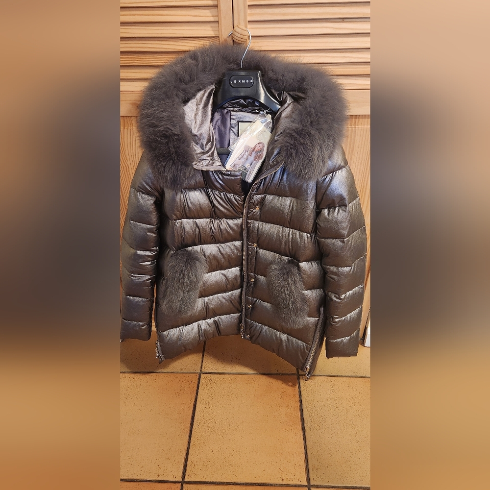 Metallic Gray Women's Winter Jacket with Real Fur Trim